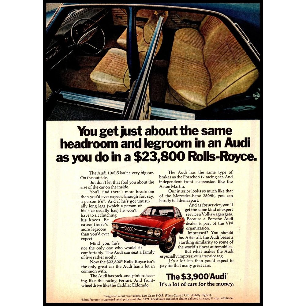 1972 Audi 100LS 4 Door Sports Sedan Vintage Print Ad vs Rolls Royce Wall Art